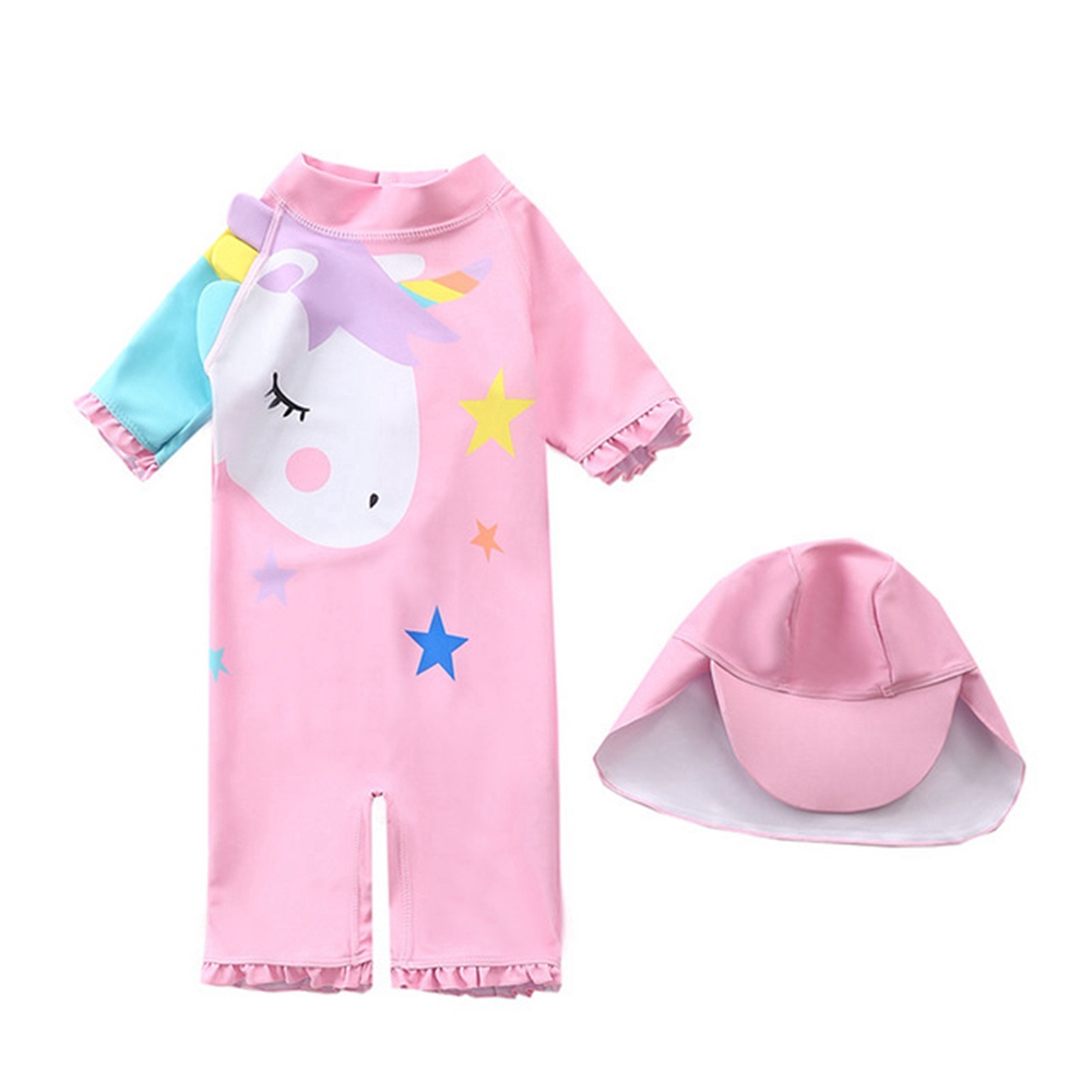 Cartoon Unicorn Girls Swimsuits Cute Pink Pony Baby Swimwear Infant Toddler Jumpsuits One-pieces Swimsuits with Cap