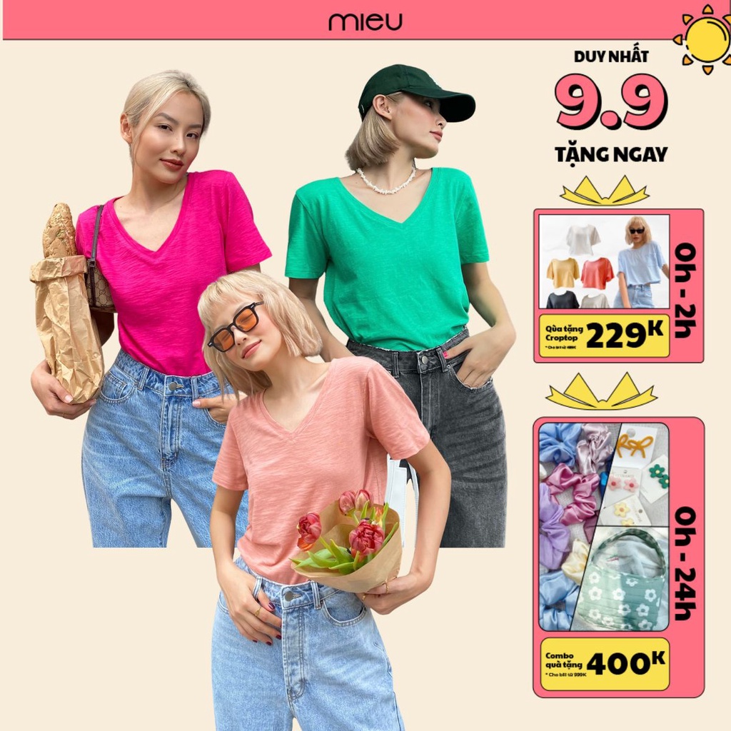 Áo thun cổ V cổ tim dáng basic nhiều màu chất cotton MIEU - GS02