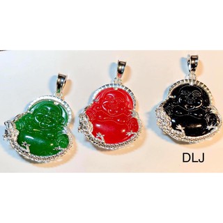 Dây da, mặt phật Di Lặc màu đỏ/xanh/đen ốp bạc