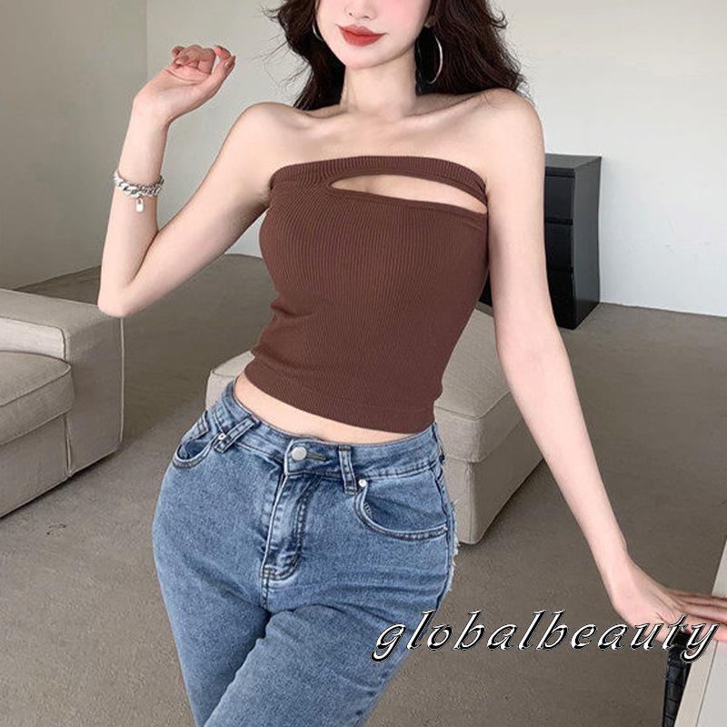 Áo Dệt Kim Sát Nách Hở Rốn Màu Trơn Có Miếng Đệm Ngực Thời Trang Cho Nữ