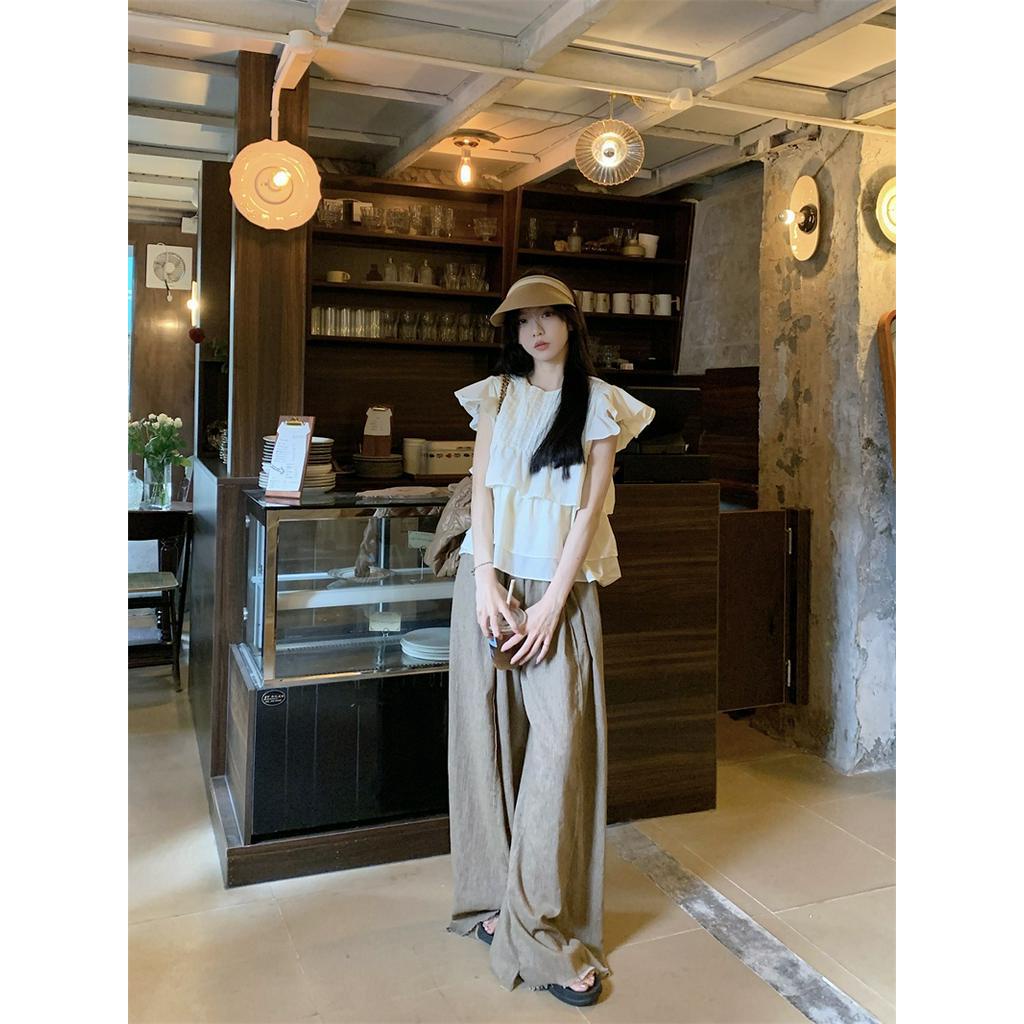 Áo Sơ Mi Cổ Tròn Xếp Ly Nhỏ Viền Tay Áo Bay Phong Cách Mới 65487