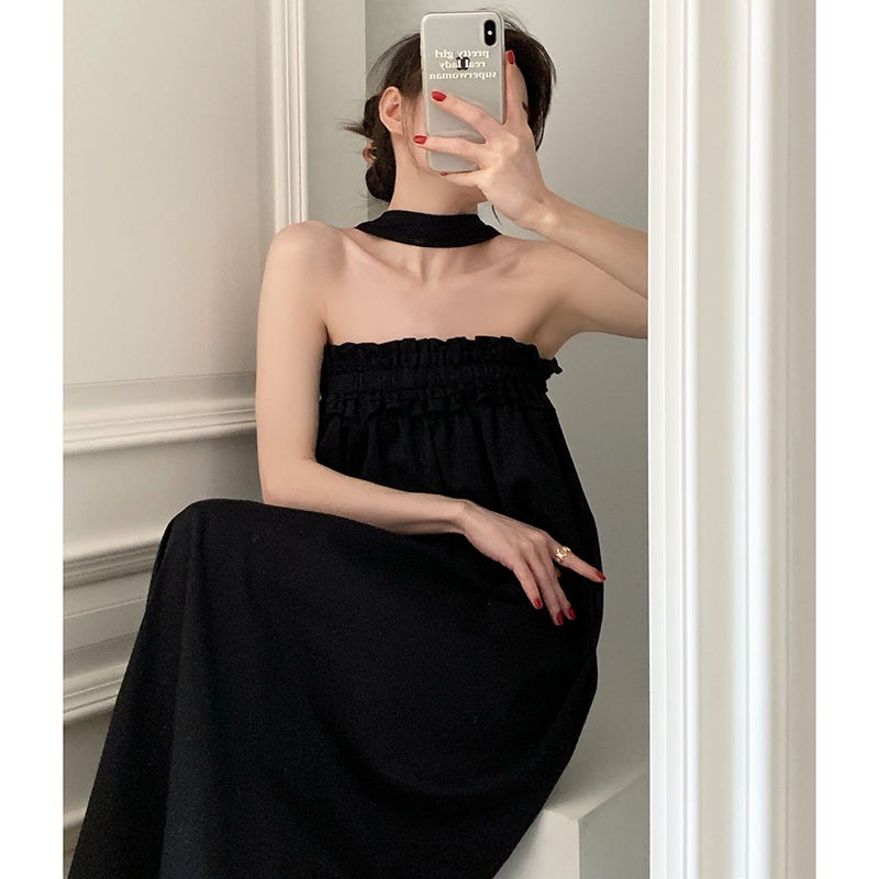 [Spot] Women's Personalized Dresses Tubular Turtleneck Tops Black Mini Skirts Long Elegant Skirts Long Sleeveless Dresses