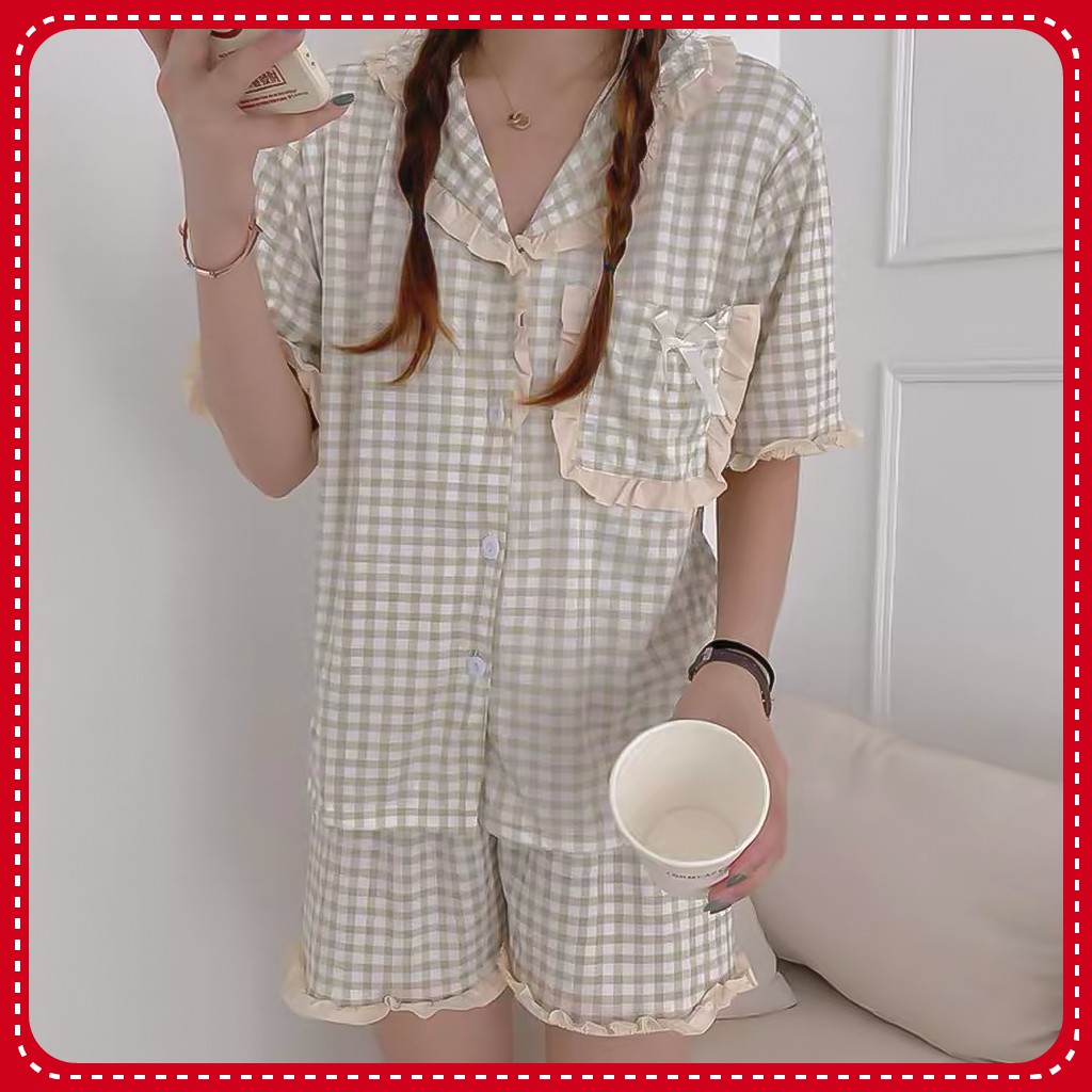 Đồ Ngủ Pijama Ngắn Tay, Bộ Ngủ Kẻ Caro Nhẹ Nhàng Ulzzang Hot Trend