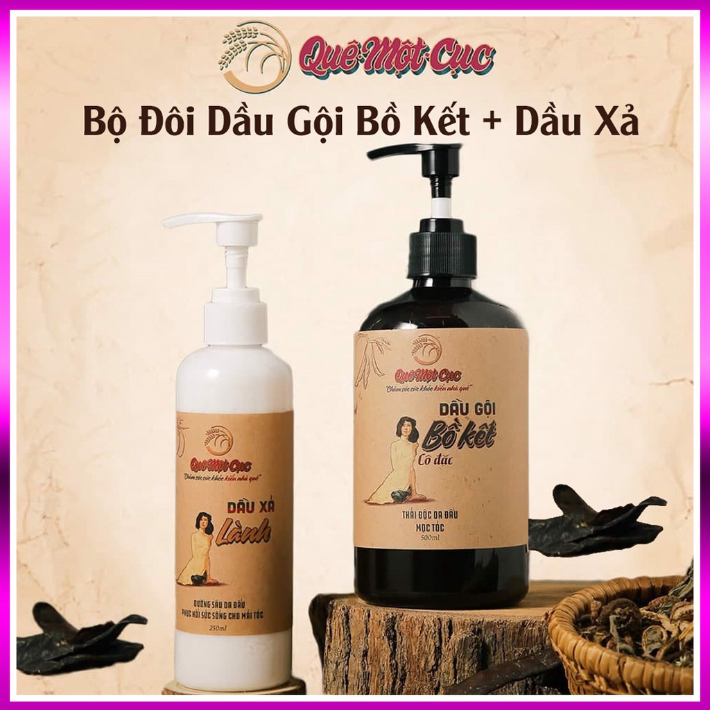 Combo dầu gội bồ kết và dầu xả lành thiên nhiên giúp tóc mềm mượt chắc khoẻ QUÊ MỘT CỤC sạch gàu nấm ngứa 500ml và 250ml