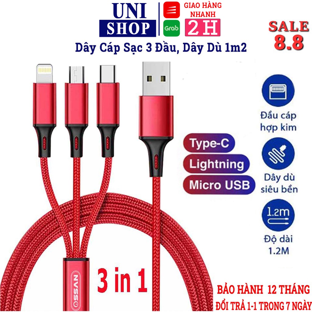 Cáp sạc 3 đầu đa năng dây dù 1m, cổng sạc Lightning - Type C - Micro USB - Uni Shop