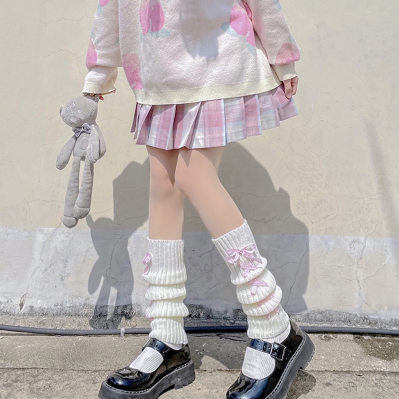 Cặp ống bao chân dệt kim có gân thun trang trí ruy băng thắt nơ đan chéo phong cách lolita nhật bản thời trang cho nữ