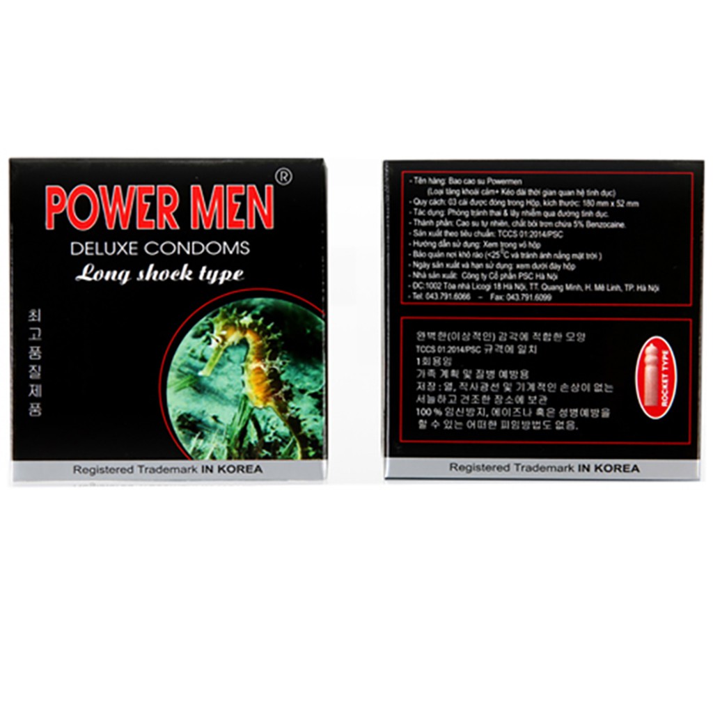 Bao cao su Powermen Longshock cá ngựa, gân gai, kéo dài Hộp 3 bao (CA3)