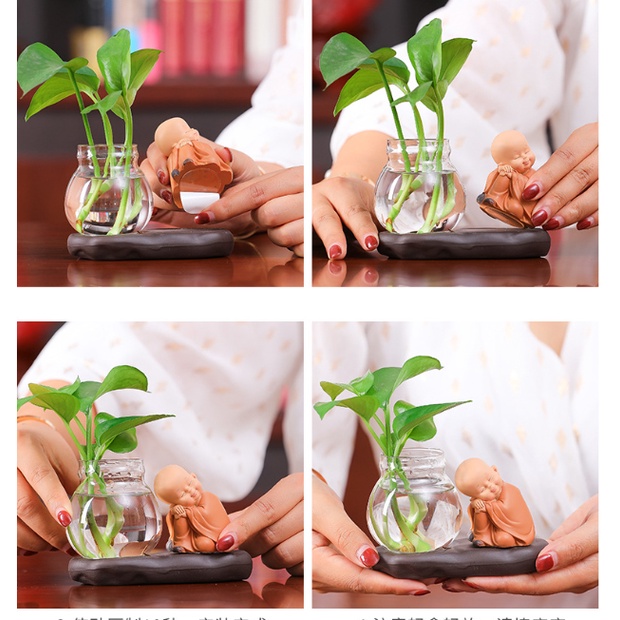 Bình thủy sinh hình chú tiểu an nhiên trồng cây tặng kèm sỏi, bao gồm tượng-bình-đế, mang lại sự an nhiên và bình an