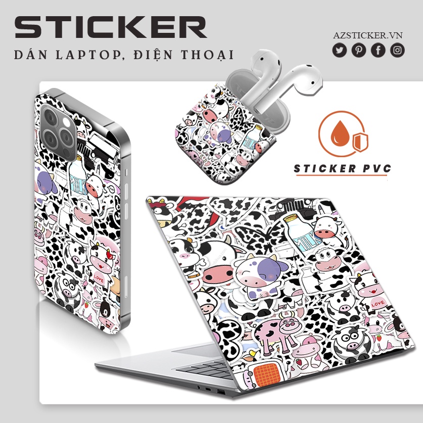 Sticker Bò Sữa chống nước sticker dán laptop, điện thoại, đàn guitar, mũ bảo hiểm, vali