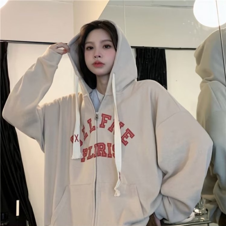 Áo Khoác hoodie Tay Dài Có Khóa Kéo In Chữ Phong Cách Hàn Quốc Thời Trang Cho Nam Và Nữ