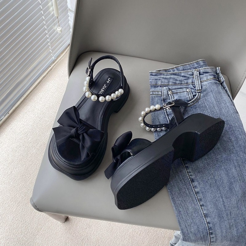 Giày MWC 2932 - Sandal Đế Bánh Mì Cao 5cm Siêu Hack Dáng, Sandal Quai Ngang Đính Nơ Tiểu Thư