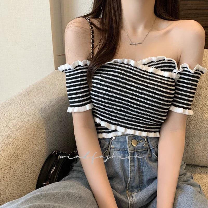 Áo dệt kim ngắn tay phong cách hàn quốc áo ngắn tay xéo vai gợi cảm ngọt ngào nhiều màu sắc