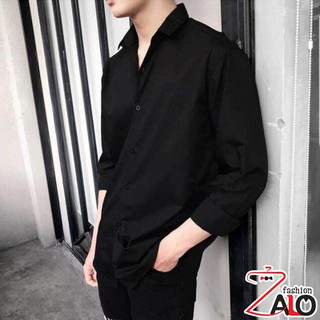 Áo sơ mi Basic nam nữ BABYTEE dài tay cổ bẻ Trắng Đen vải lụa thái co giãn thấm mồ hôi tốt
