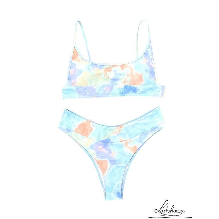 LD-Ladies Summer Split Swimwear Set, Adults Women Tie-dye Mixed Color Tank Top Type Sexy Backless Bikini Swimsuit