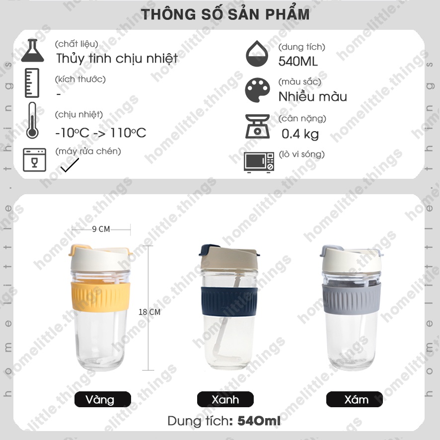 Bình, ly, cốc thủy tinh đựng nước có nắp đậy kín mang đi 540ml