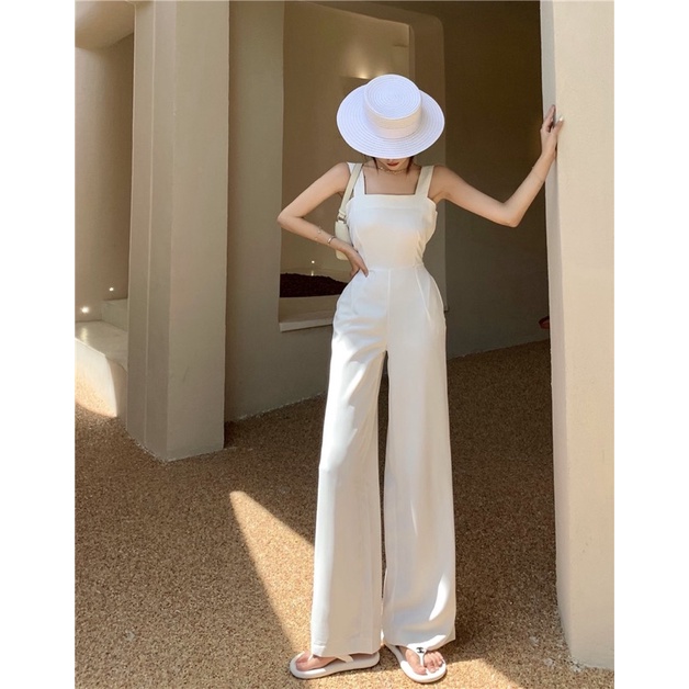 Set jumpsuit nữ áo hai dây quần ống suông kèm áo khoác blazer dáng croptop cut out ở lưng