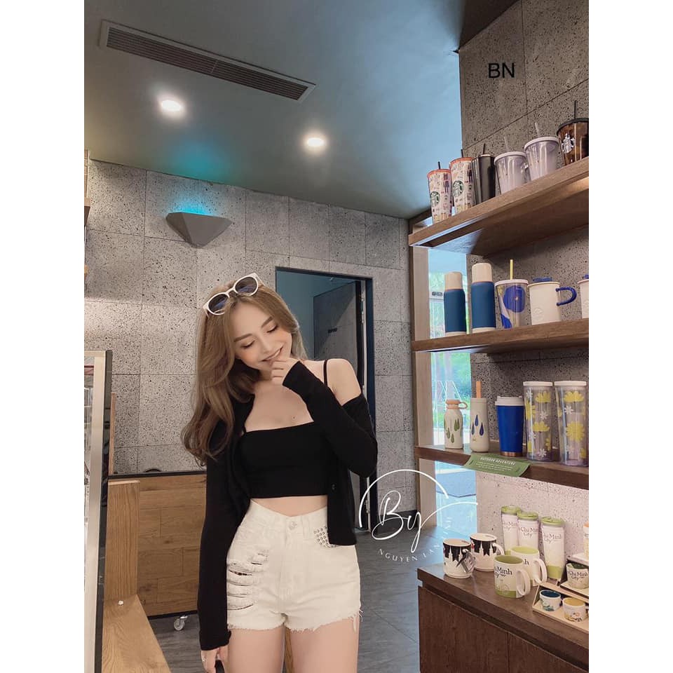(Ảnh thật + clip) Set áo 2 dây croptop , áo cardigan len dệt kim | BigBuy360 - bigbuy360.vn