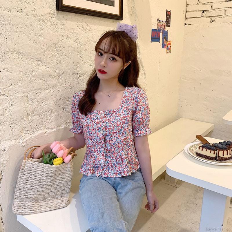 [Baywellfashion]Áo Sơ Mi Ngắn Tay In Hoa Kiểu Retro Pháp Thời Trang Mùa Hè Cho Nữ