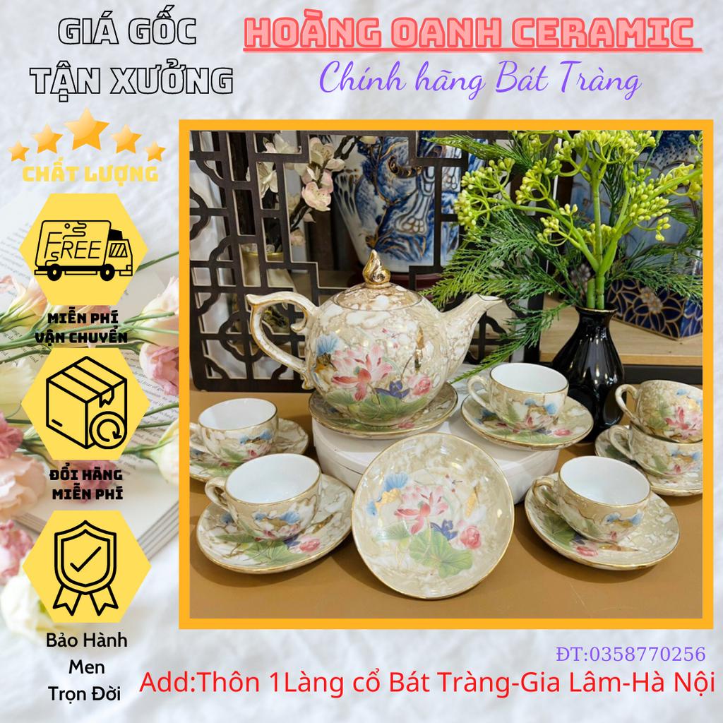 (CHỌN MẪU)Bộ Ấm Chén Pha Trà-hàng nhà lò chuẩn Bát Tràng - men Vân Đá,vẽ Sen Ngũ Sắc,Thuận Buồm Xuôi Gió-bộ Chóp