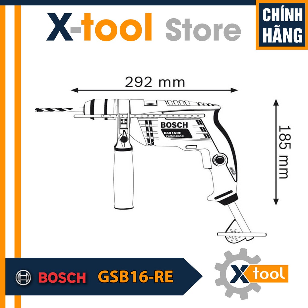 Máy Khoan Động Lực Bosch GSB 16RE (750W - 13mm ) Kèm Valy nhựa - Khoan Sắt/Gỗ/Tường/Bê Tông mỏng