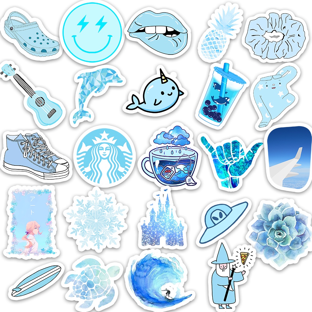 Set 50 cái Sticker xanh dương dán mũ bảo hiểm, hình dán blue pastel chống nước, decal xanh biển cute