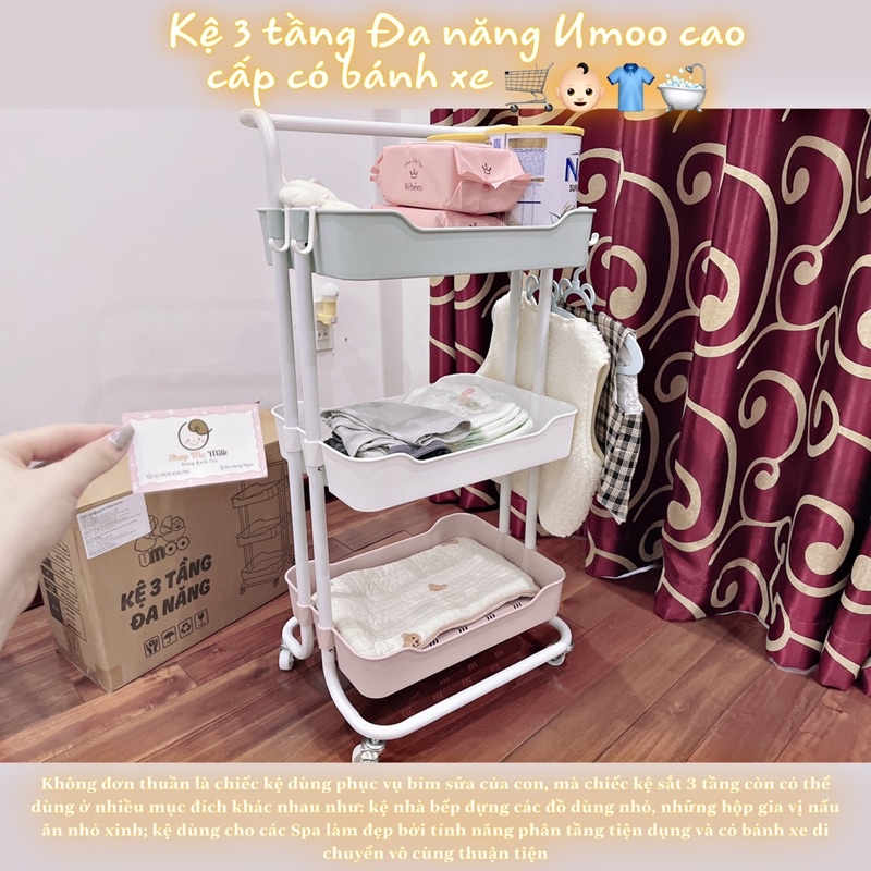 Kệ 3 tầng đa năng cho bé có bánh xe, kệ spa Umoo chính hãng cao cấp [Tem phụ nhập khẩu cty]
