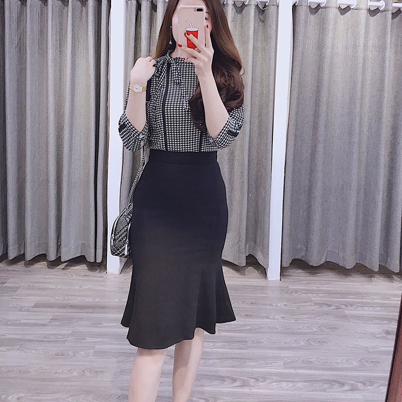 Áo sơ mi nữ tay lỡ Cúc Fashion áo somi cao cấp cổ đức họa tiết đen trắng đẹp kiểu thời trang công sở đi học A400