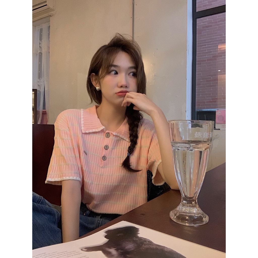 Xiaozhainv Áo polo Tay Ngắn Dáng Rộng Họa Tiết Kẻ Sọc Thời Trang Mùa Hè Phong Cách Hàn Quốc Cho Nữ