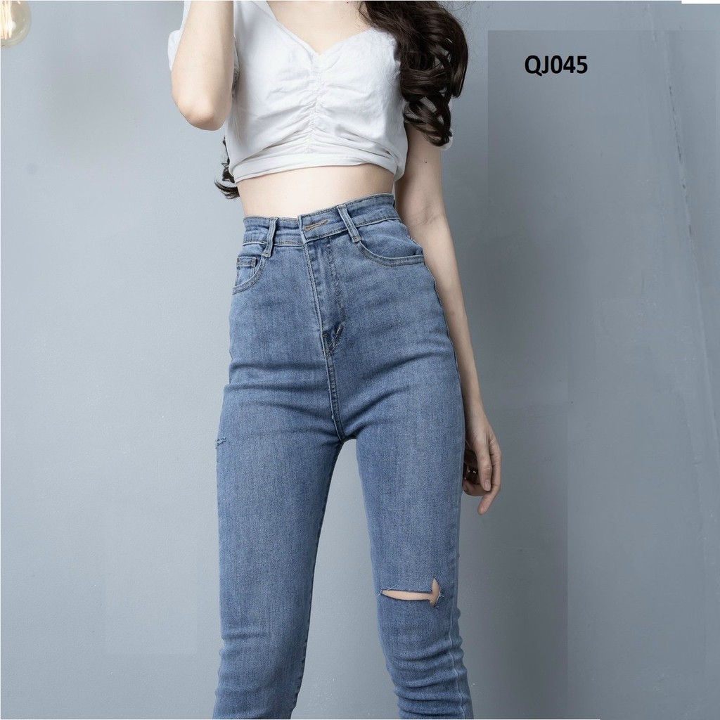 Quần jeans skinny rách gối lưng cao QJ045