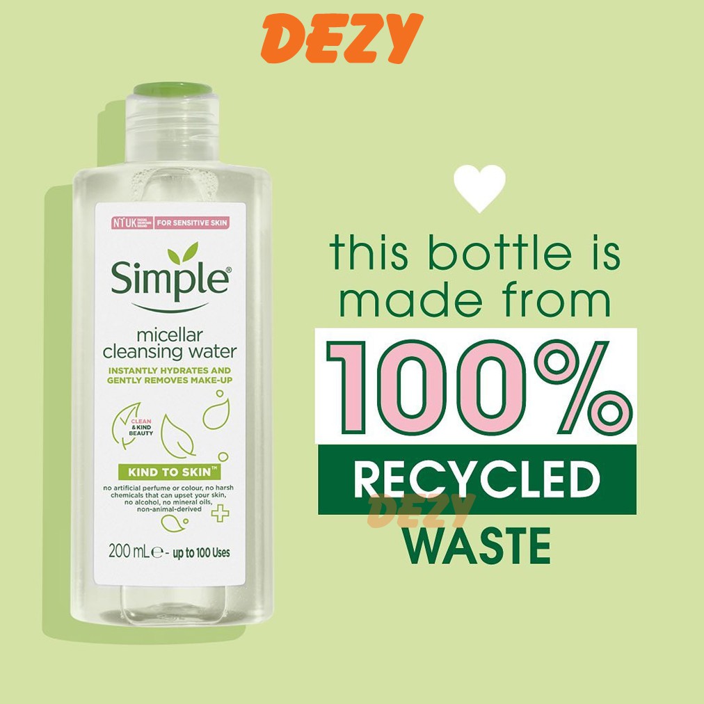 Nước Tẩy Trang Simple Da Nhạy Cảm CHÍNH HÃNG Micellar Water Cleanser Skincare Chăm Sóc Da Cấp Vitamin C Sắc Đẹp Dezy | BigBuy360 - bigbuy360.vn