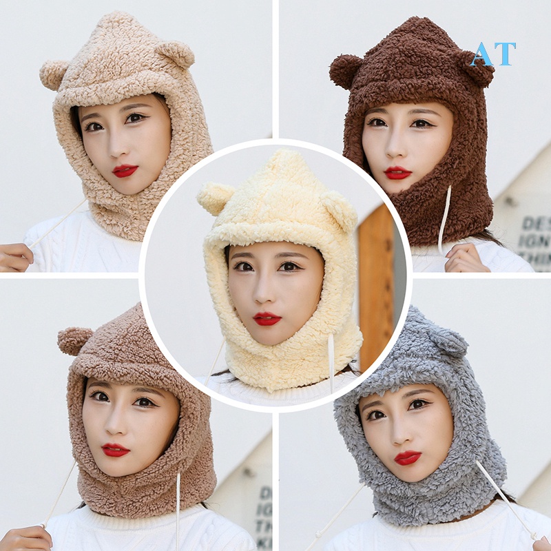 Set Mũ beanie Kèm Khăn Choàng Cổ Đính Tai Gấu Bông Dễ Thương Cho Nữ