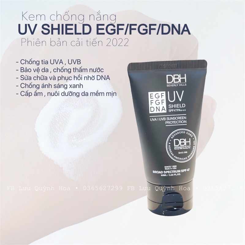 [𝐌𝐚𝐝𝐞 𝐢𝐧 𝐔𝐒𝐀] KEM CHỐNG NẮNG DERMAESTHETICS DBH SPF 50+/PA+++ EGF UV SHIELD 60ml