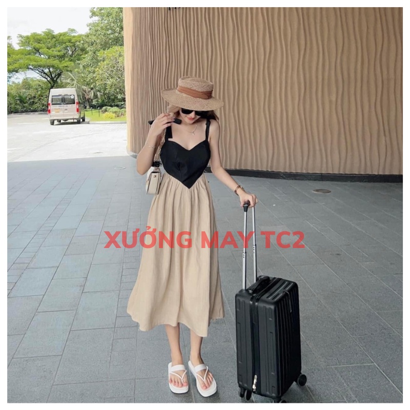 Đầm 2 Dây Thắt Nơ Vai Màu be phối đen, Váy  2 Dây Cột Nơ Vai Bánh Bèo, Maxi Đi Biển Form Chuẩn