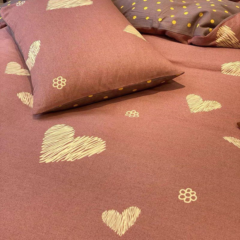 Bộ chăn ga gối Cotton Poly tim hồng nâu