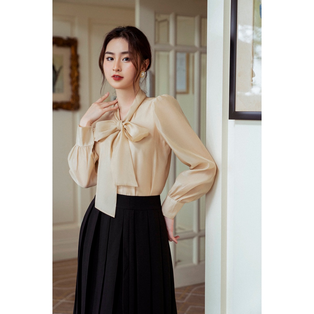 Áo sơ mi 2 lớp cổ thắt nơ tay măng sec TIINSTORE AHD438