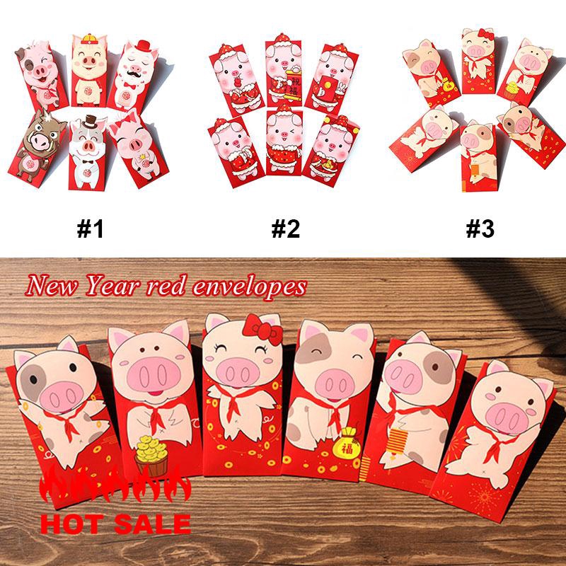 Set 6 phong bao đựng tiền mừng tuổi in hình con heo dễ thương