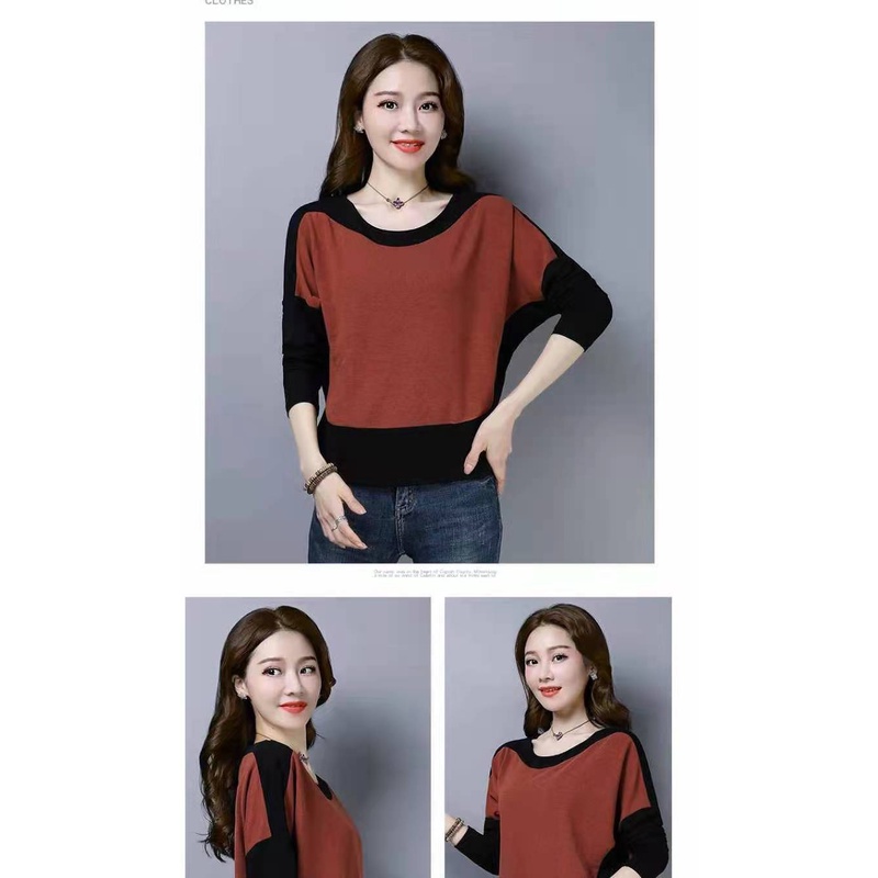 Áo thun tay dài dáng rộng cổ tròn thời trang thu đông cho phụ nữ trung niên