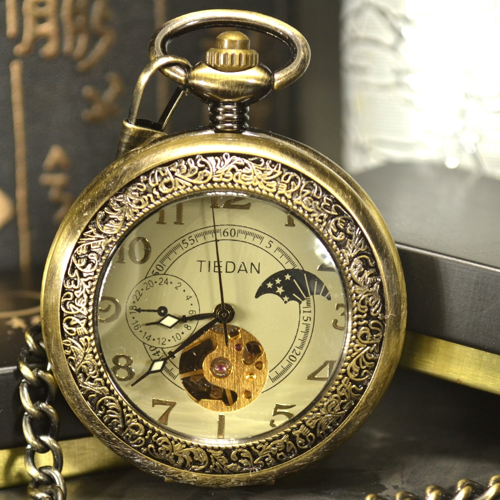 Tiedan Bộ xương sang trọng Đồng cổ điển Đồng hồ bỏ túi cơ khí Đồng hồ nam Dây chuyền vòng cổ bỏ túi & Đồng hồ Fob