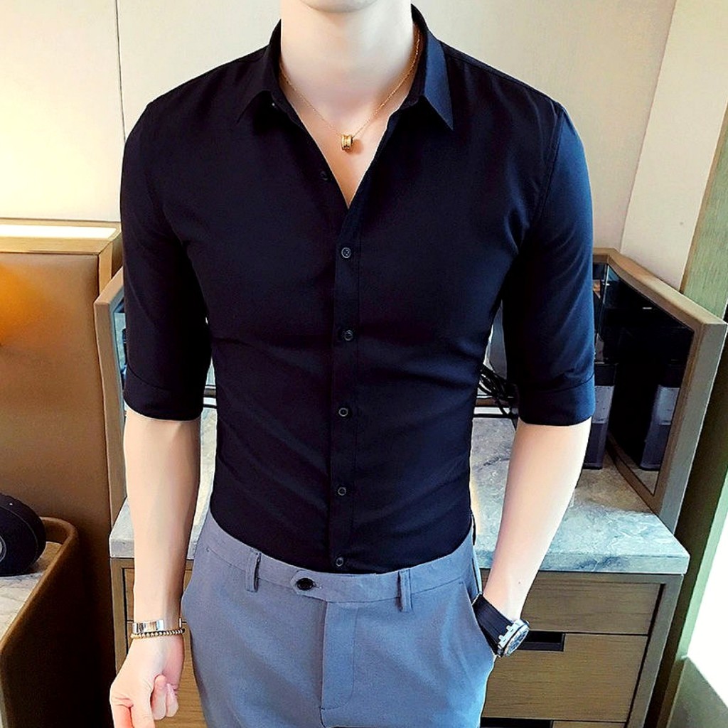 Áo sơ mi nam tay dài trắng đen đơn giản siêu mát | BigBuy360 - bigbuy360.vn