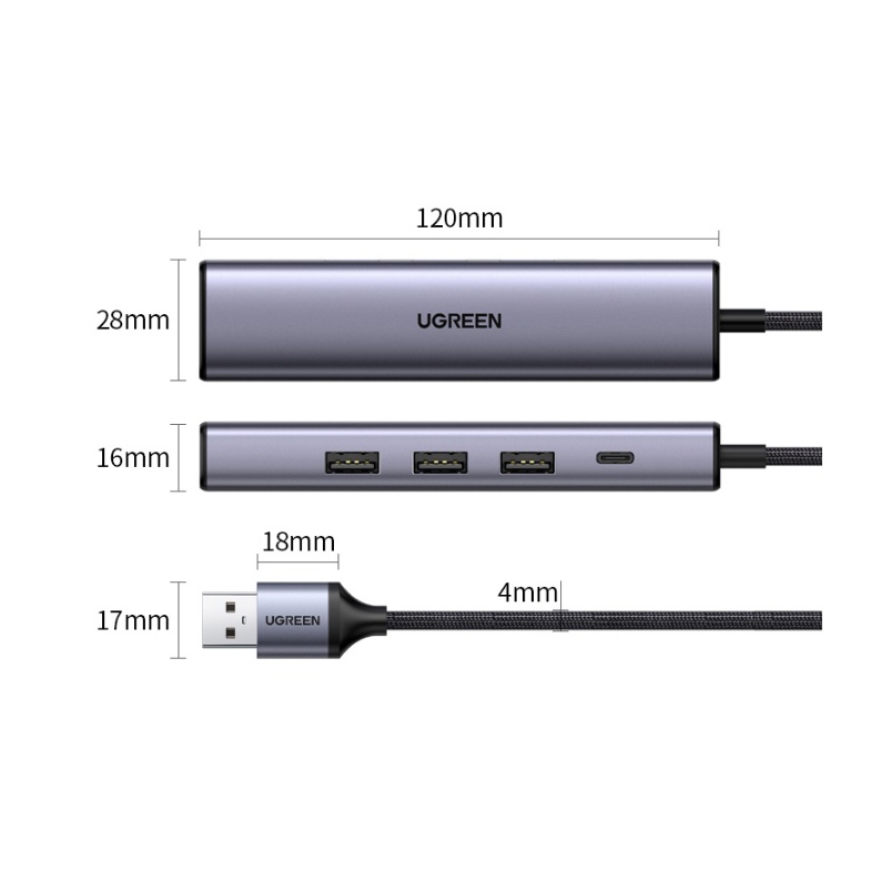 Bộ chia HUB USB 3.0 sang Lan 100/1000 + 3xUSB 3.0 Ugreen 20915 (Có trợ nguồn USB-C)