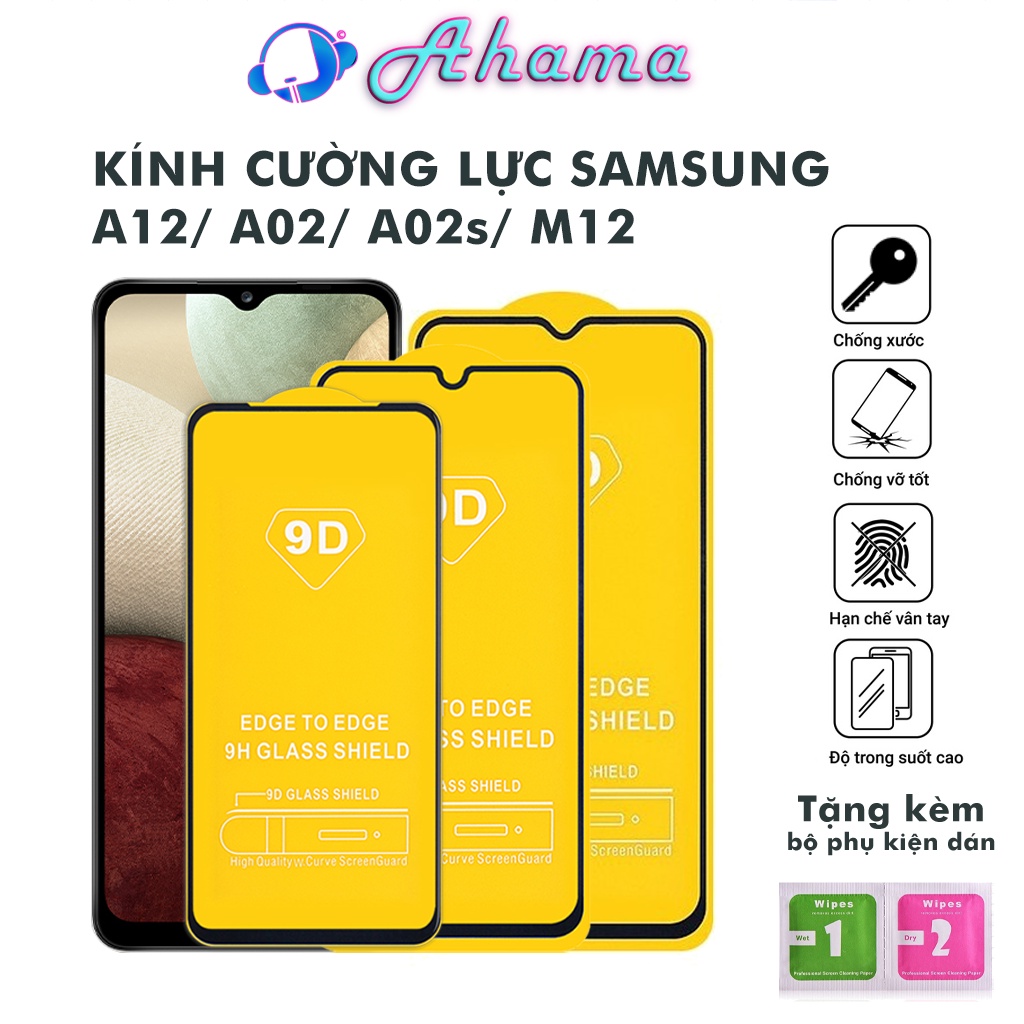 Kính Cường Lực Samsung A12 A02S  full màn chống trầy xước rơi vỡ độ bền cao tặng kèm khăn lau màn hình