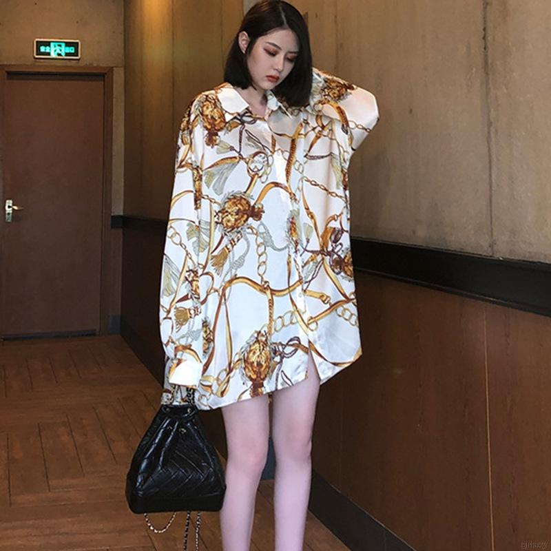 Áo Sơ Mi Nữ Dáng Rộng Tay Dài Họa Tiết Cổ Điển Phong Cách Hàn Quốc