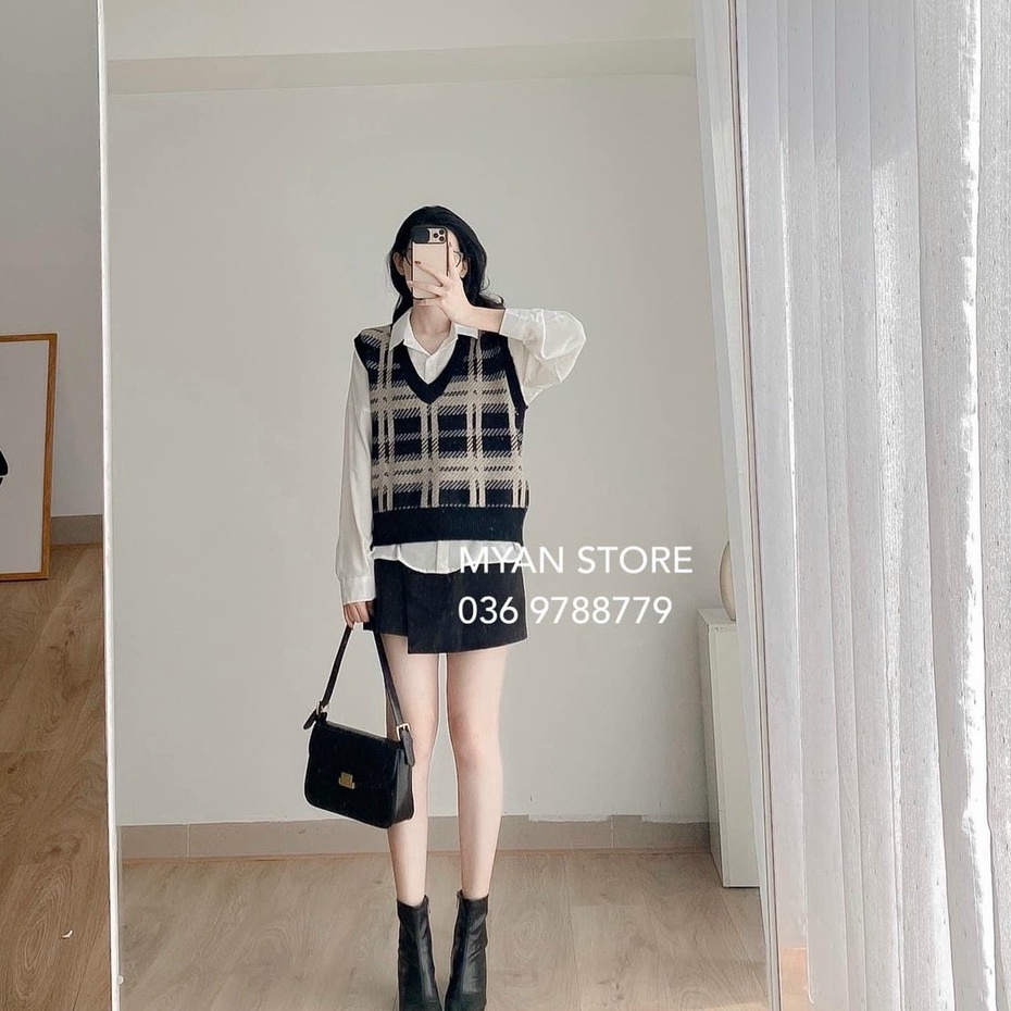 Áo gile nữ LOZADO áo gile len kẻ caro sọc xiên hottrend kiểu dáng Hàn Quốc A521