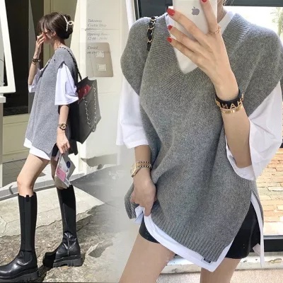 C & M Áo Khoác Dệt Kim Không Tay Dáng Rộng Màu Xám Giản Dị Phong Cách Hàn Quốc Dành Cho Bạn