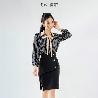 Áo Sơ mi cổ nơ hoạ tiết xích CCHAT