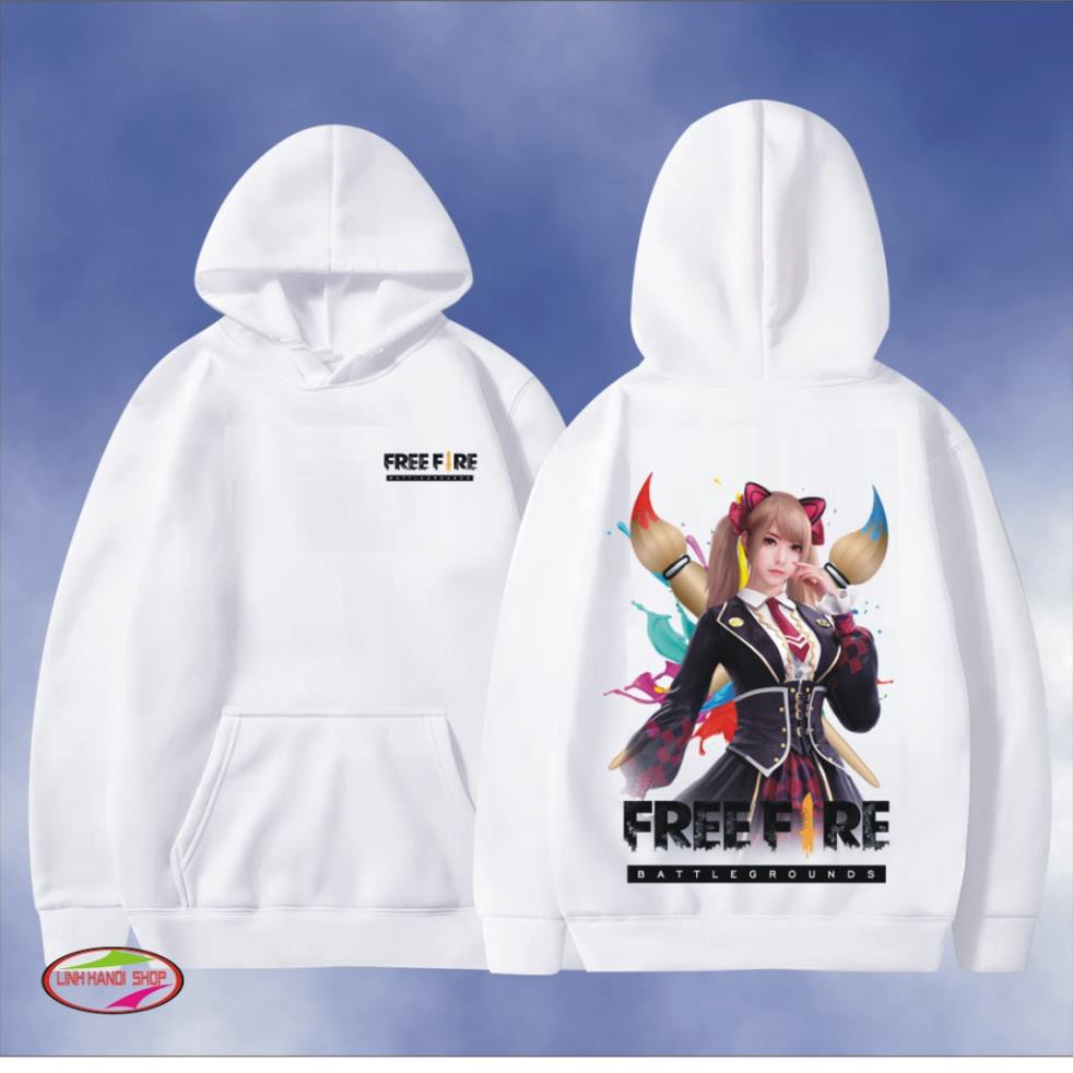 Áo khoác Free Fire Hoodie nỉ bông màu trắng in hình Caroline cực đẹp đậm chất game thủ