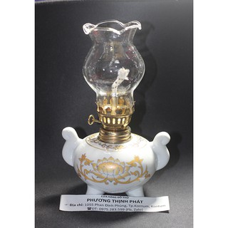 Đèn Dầu Sứ Trắng Sen Vàng