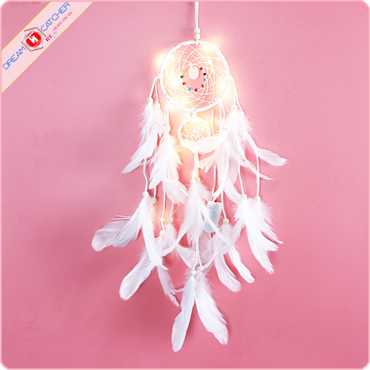 Đèn LED Vòng bắt giấc mơ Dreamcatcher Freeship Phụ kiện trang phí phòng ngủ Chuông gió treo cửa có lông vũ trang trí