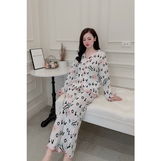 bộ pijama lụa mango tay dài quần dài