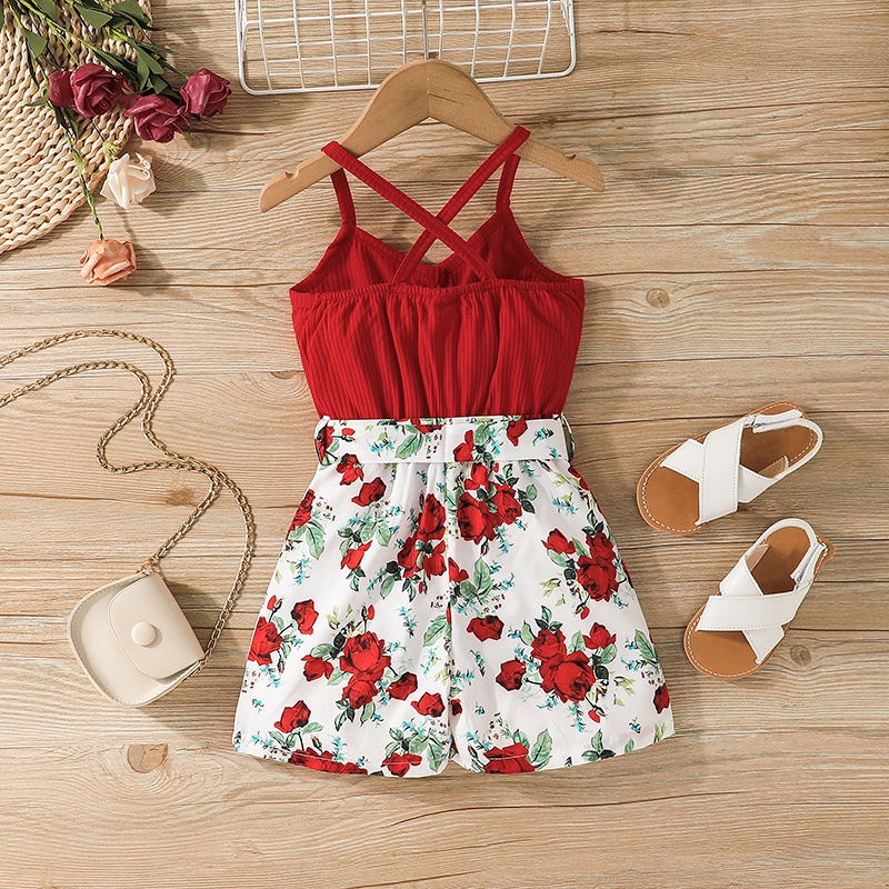 Body bé gái đồ từ 4 đến 7 Tuổi bodysuit liền thân Hồng Dễ Thương mùa hè hai dây In hoa quần áo cho bé trẻ em